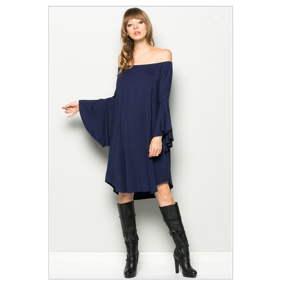 NWT Off The Shoulder Boho Bell Sleeve Dress - Navy - Picture 3 of 3